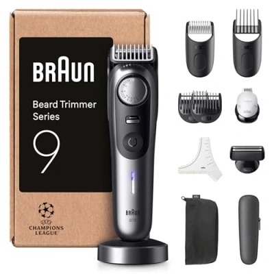 Abbildung von Braun Barttrimmer Serie 9, Mit 11 Barber Tools, Power Boost &amp; Lebenslang scharfe ProBlade Klinge, 180 Min Akkulaufzeit, Fade, 52 Längen, Präzisionsrad Verriegelung, Wasserdicht, BT9545, Chrom