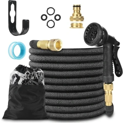 Abbildung von LINGKY Flexibler Gartenschlauch 15m Bewässerungsschlauch, Wasserschlauch flexibel mit 3 Fach Latexkern, Dehnbarer flexiSchlauch 1/2 zoll und 3/4 Soliden Messinganschlüssen