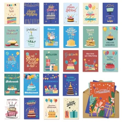 Abbildung von BIROYAL 27 Geburtstagskarten Kinder Set mit Umschlag &amp; Sticker Happy Birthday Karte für Mädchen Jungen Geburtstagskarte Premium Glückwunschkarten Geburtstag