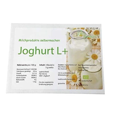Abbildung von Joghurt L+ Bioferment® zur selber Herstellung von gesundem milden 3 Beutel Starterkulturen reichen bis zu 90 Liter frischem
