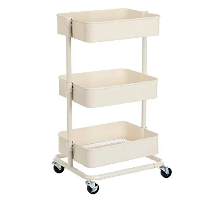 Abbildung von SONGMICS Rollwagen mit 3 Fächern, Aufbewahrungswagen, Küchenregal Rollen, Ablagefächer höhenverstellbar, Servierwagen 2 Bremsen, einfache Montage, Bad, Küche, Büro, weiß BSC60WT