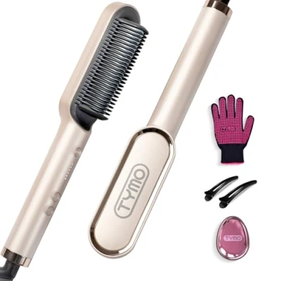 Abbildung von TYMO RING Glättbürste Haarglätter Bürste Keramik Glätteisen und Haarbürste 2 in 1, Elektrische Verbrühungsschutz Glättungsbürste Kamm, 25s Schneller Aufheizen, 5 Temp Einstellungen, Gold