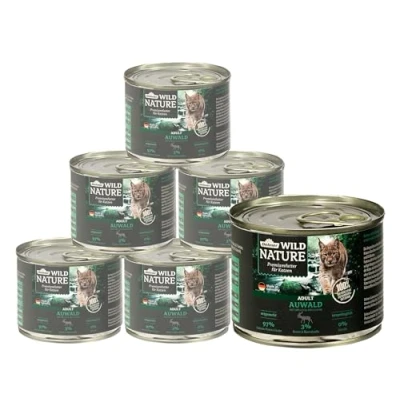 Abbildung von Dehner Wild Nature Katzenfutter Auwald, Nassfutter getreidefrei / zuckerfrei, für ausgewachsene Katzen, Hirsch Truthahn, 6 x 200 g Dose (1.2 kg)