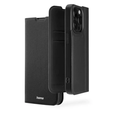 Abbildung von Hama Handytasche für iPhone 15 Pro (Handytasche, Etui mit Kartenfach, Standfunktion, zum Aufstellen, extra Schutz von Display und Kamera, Magnet, Hülle 15, Klapphülle, weich) schwarz