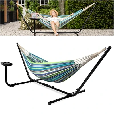 Abbildung von VITA5 Hängematte mit Gestell Outdoor 2 Personen für Garten &amp; Balkon Doppelhängematte Getränkehalter Tragbare 200kg Belastbarkeit (Grün/Blau Cupholder)