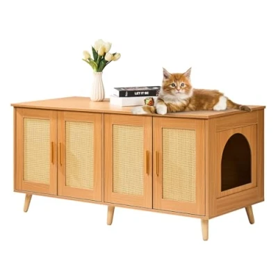 Abbildung von VEVOR Katzentoilettengehäuse für 2 Katzen, Katzentoilettenmöbel versteckt mit Rattan verzierten Türen, Katzentoilettenschrank aus Holz passt in die meisten Katzentoiletten,Natur