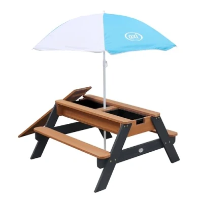 Abbildung von AXI Nick Kinder Sand &amp; Wasser Picknicktisch aus Holz Wasserspieltisch Sandtisch mit Deckel und Behältern Kindertisch/Matschtisch, grau Braun Sonnenschirm für den Garten..