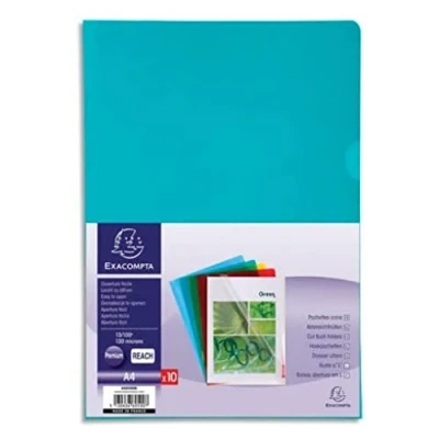 Abbildung von Exacompta 660500E 10er Pack PVC Kunststoff Aktenhüllen. für DIN A4 transparent glasklar farbig sortiert oben und seitlich offen Plastikhülle Klarsichthülle Büro die mobile Organisation