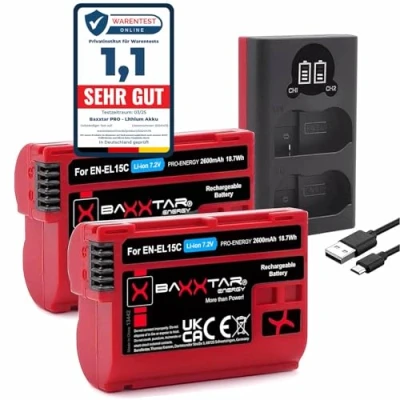 Abbildung von Baxxtar Pro EN EL15c 2600mAh Kamera Akku Pack kompatibel mit Nikon Z5 Z6 II III Z7 Z8 Zf etc. und Ladegerät 18522 USB Dual (Eingang Micro C)