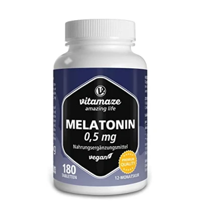 Abbildung von Melatonin hochdosiert, 0,5 mg 1 Jahresvorrat, 1/2 Tabletten pro Tag 180 vegane für 12 Monate, ohne unerwünschte Zusätze, Made in Germany