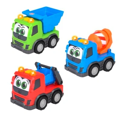 Abbildung von ABC Baustellenfahrzeug Volvo Trucky ab 1 Jahr (13 cm) Schiebeauto mit Licht &amp; Sound für Kleinkinder zur Förderung der Motorik, 3 fach sortiert (Kipp Laster, Betonmischer, Container LKW)