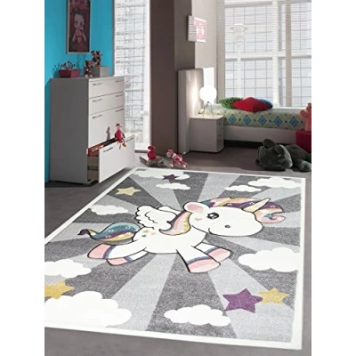 Abbildung von CARPETIA Kinderteppich Spielteppich Babyteppich Mädchen Einhorn Regenbogen rosa Creme grau Größe 120x170 cm