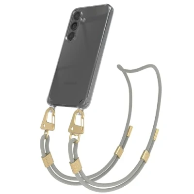 Abbildung von EAZY CASE Handykette mit Karabiner kompatibel Samsung Galaxy S24 Hülle Silikon Fallschutz transparente Handyhülle für Kette zum Umhängen Schutzhülle in Taupe Clips Gold
