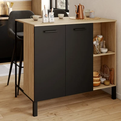 Abbildung von Insel Bartisch CINA 100 cm schwarzes Holz und Tischplatte in Buchenholzoptik IDMarket