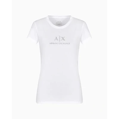 Abbildung von Armani Exchange Women&#039;s Crewneck Slim fit Rhinestone Ax Logo Tee T Shirt, Optic White, X Large