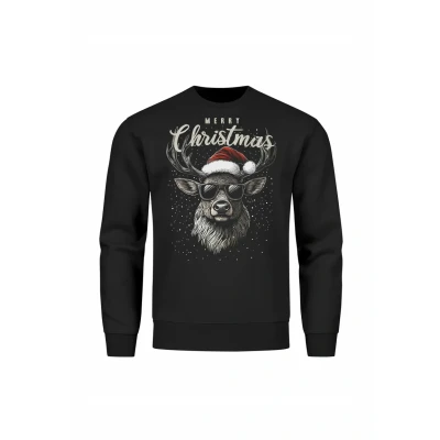 Abbildung von Moonworks Rentier Hirsch MIT WEIHNACHTSMÜTZE Schriftzug Merry Christmas Sweatshirt, Herren, Größe: 3XL, Schwarz