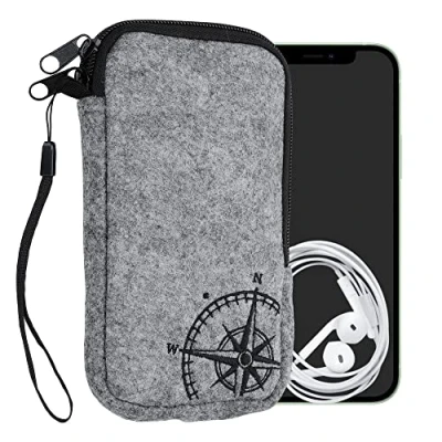 Abbildung von kwmobile Handytasche für Smartphones L 6,5&quot; Handy Filztasche Kompass Vintage Schwarz Hellgrau 16,5 x 8,9 cm Innenmaße