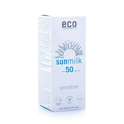 Abbildung von eco cosmetics Sonnenmilch 50+ sensitive, wasserfest, vegan, ohne Mikroplastik, Naturkosmetik für Gesicht und Körper, 1 x 75 ml
