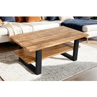 Abbildung von SAM Couchtisch 115x65 cm Patrick, Sofatisch/Beistelltisch mit Ablage, Mangoholz massiv, raue &amp; naturbelassene Oberfläche, U Metallgestell schwarz, echte Baumkante