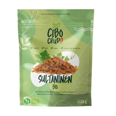 Abbildung von Sultaninen Bio Ungeschwefelt 500g. Getrocknete und Rohe. Dehydrierte Rosinen ohne Zuckerzusatz zum Verzehr zu Snacks oder Desserts.