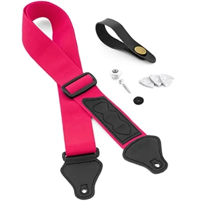 Abbildung von TIGER Ukulele Gurt Pack inkl. Gurt, Kopfplatte Krawatte, Gurtknopf/Endpin und 3 Filzplektren geeignet für Sopran, Konzert, Tenor Baritonukulele Rose