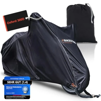 Abbildung von BIKESTARS Motorrad Abdeckplane Wasserdicht &amp; Winterfest Outdoor Indoor Oxford 300D Stoff robuste reißfeste Motorradabdeckung mit Wasserdichten Nähten (245 * 105 125cm)