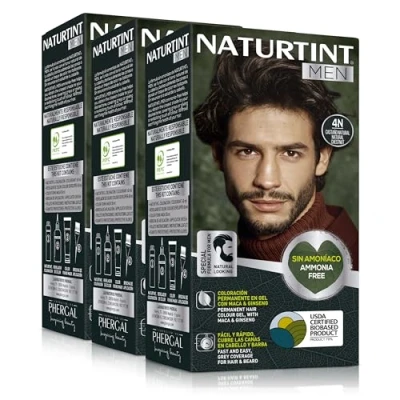 Abbildung von Naturtint Men Permanente Haarfarbe Ohne Ammoniak Speziell für Männer 100% Grauabdeckung Natürliche und Langanhaltende Farbe Inhaltsstoffe 4N Naturbraun Packung mit 3