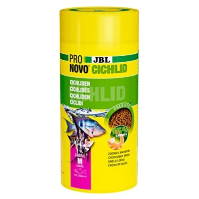 Abbildung von JBL PRONOVO CICHLID GRANO, Hauptfutter für Buntbarsche von 8 20 cm, Klickdosierer, Fischfutter Granulat, Größe M, 1000 ml
