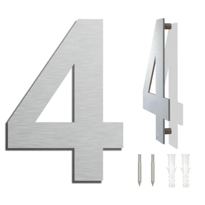 Abbildung von Edelstahl Hausnummer Wetterfest und Pflegeleicht Metallic Mattes Silber Finish Moderner Schwebender Aussehen Einfache Installation Höhe 152 mm Arial Ziffer 4