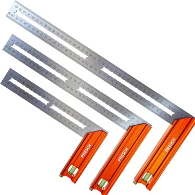 Abbildung von Presch Anschlagwinkel Set 200mm, 300mm &amp; 400mm Hochpräzise Rostfrei Innovatives Streichmaß Exakter 90 und 45 Anschlag inkl. Wasserwaage Anreißnadel für ultimative Vielseitigkeit