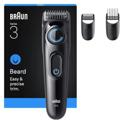 Abbildung von Braun Barttrimmer Series 3, +3 Styling Zubehörteile, ultrascharfe Klinge, 50 Min Akkulaufzeit, 40 Längeneinstellungen, BT3520, Schwarz/Blau