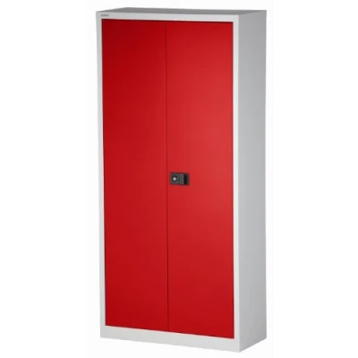 Abbildung von BISLEY Flügeltürenschrank Universal, 4 Fachböden, 5 OH, Metall, 506 Korpus Lichtgrau, Fronten Kardinalrot, 40 x 91.4 195 cm