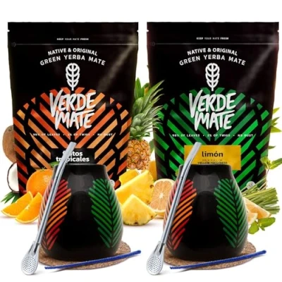 Abbildung von Set Mate Tee mit Zubehör Verde Green Frutos Tropicales und Limon Fruchtige Kalebasse, Bombilla Natürliches Koffein Brasilianische 2x500g 1kg