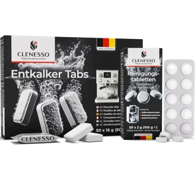 Abbildung von CLENESSO Pflegeset Entkalkungstabletten für Kaffeevollautomaten + Reinigungstabletten (je 50 Stück) Kompatibel mit Siemens, Jura, Krups, Miele uvm. optimale Pflege und Entkalkung