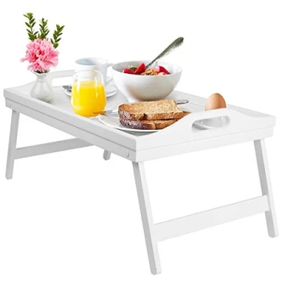 Abbildung von Betttablett Tisch Frühstücksteller Tablett mit klappbaren Beinen Holz Küche Serviertablett für Bett TV Schreibtisch Laptop Computer Snack weiß