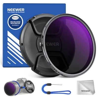 Abbildung von NEEWER 49mm ND2 400 (1 9 Stop) Variabler ND Filter mit Objektivdeckel Trageband Reinigungstuch präziser Einstellung der Neutraldichte Graufilter Fingerabdruck Kratzfest mehrschichtiges optisches Glas