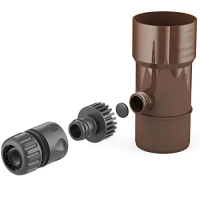 Abbildung von BRYZA® Dachrinne Abfluss für Regenwassertank DN Ø 90 mm, braun Speedy Regenwassersammler Fallrohr, Gartenschlauch, Schnellkupplung