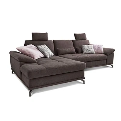 Abbildung von Cavadore L Form Sofa Castiel mit Federkern / Großes Schlafsofa in Bettkasten, Sitztiefenverstellung, Kopfstützen und XL Longchair 312 x 114 173 Webstoff, Dunkelbraun