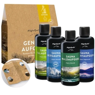 Abbildung von Allgäuquelle Sauna Aufgussset BIO Saunaaufguss Genuss Saunaduft Set (4 x 100ml) Lemongrass, Orange, Bergamotte, Eukalyptus, Zirbe, Kiefer,Salbei,Minze