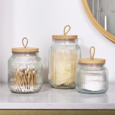 Abbildung von Navaris 3er Set Glasbehälter für Badezimmer Aufbewahrung Wattestäbchen Behälter Wattepads Ohrstäbchen Spender Bad Organizer Schminktisch Zubehör