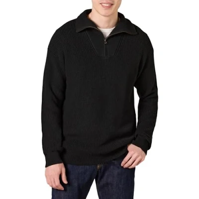 Abbildung von Amazon Essentials Herren Rippstrickpullover mit Viertel Reißverschluss und lockerer Passform, Schwarz, XL