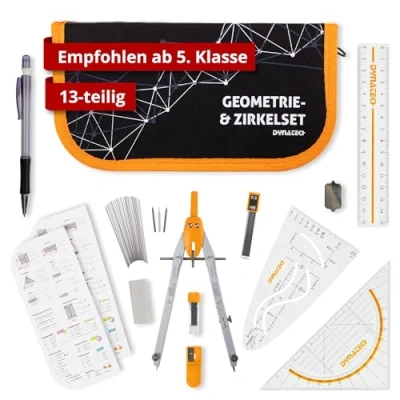 Abbildung von DynaTech Zirkel Set Geometrieset 13 Teilig mit Schnellverstellzirkel, Geodreieck, Parabel, Bleistift, Lineal, Spitzer und Ersatzminen im Etui orange praktisches Mathematik inkl. Federmappe