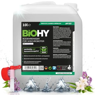 Abbildung von BiOHY Bodenreiniger für alle Wischroboter mit Frühlingsduft (10 Liter Kanister) + Auslaufhahn Schaumarm &amp; Streifenfrei Reinigungsmittel Konzentrat Böden