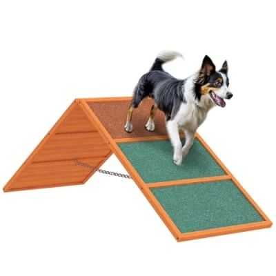 Abbildung von PawHut Agility Wippe Ausrüstung mit klappbare Brücke, rutschfeste Oberfläche, Tannenholz, Gerät (1 tlg) für Garten, 173 x 59 66 cm, Orange