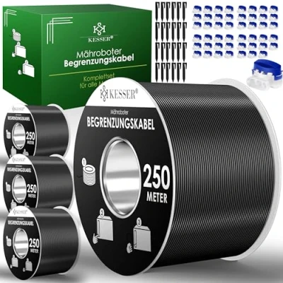 Abbildung von KESSER® Begrenzungskabel 1000m + 3200 Erdspieße 48 Kabelverbinder für Mähroboter Rasenmäher Rasenroboter Zubehör Set Begrenzungsdraht kompatibel mit Gardena/Bosch/Worx/Einhell/Honda/ROBOMOW
