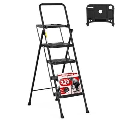 Abbildung von HBTower Trittleiter 4 Stufen klappbar, Leiter mit Breitem Anti Rutsch Pedal, Bequemer Handlauf, Tragbarer Tritthocker aus Stahl, Schwarz