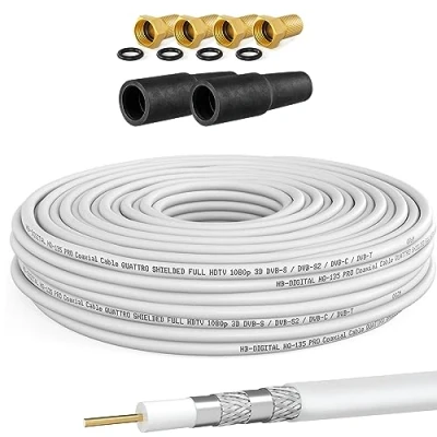 Abbildung von HB DIGITAL 10m Koaxialkabel SAT HQ135 PRO inkl. 2X Gummitüllen + 4X F Stecker vergoldet GRATIS dazu Satellit Antennenkabel 4 Fach geschirmt für DVB S/S2 C/C2 T/T2 DAB+ Radio BK Anlagen