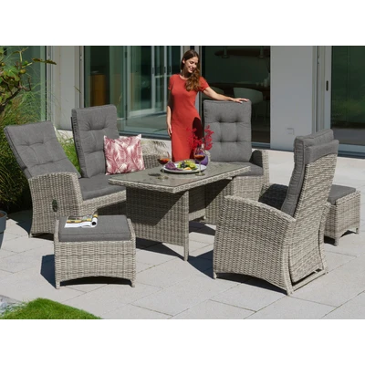 Abbildung von KONIFERA Garten Essgruppe &quot;Monaco&quot;, (Set, 16 tlg., 1x2er Sofa, 2x Sessel, Hocker, 1x Tisch 120x70x66cm, inkl. Auflagen), Polyrattan, Aluminium, Rückenlehne verstellbar, Grau
