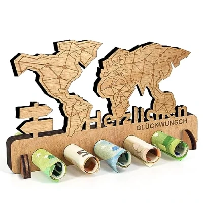 Abbildung von Geburtstag Geldgeschenk Holz, Geldgeschenke Weltkarte, Hochzeit Geldgeschenk, Weltkarte Geld Geschenk Holz Deko für Freunde, Familie