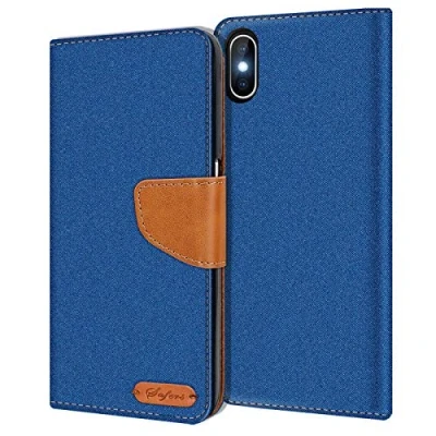 Abbildung von Verco für iPhone XS Max Hülle, Schutzhülle Apple Tasche Denim Textil Book Case Flip Klapphülle, Blau